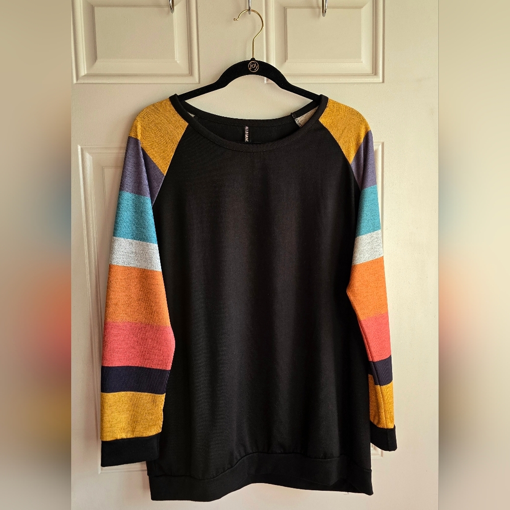 Soft Lightweight Black Sweater with Colorful Striped Sleeves! Allegrace Plus 14W